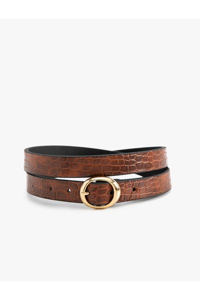 Koton Belt Faux Leather Crocodile Look Metal Buckle Detailed