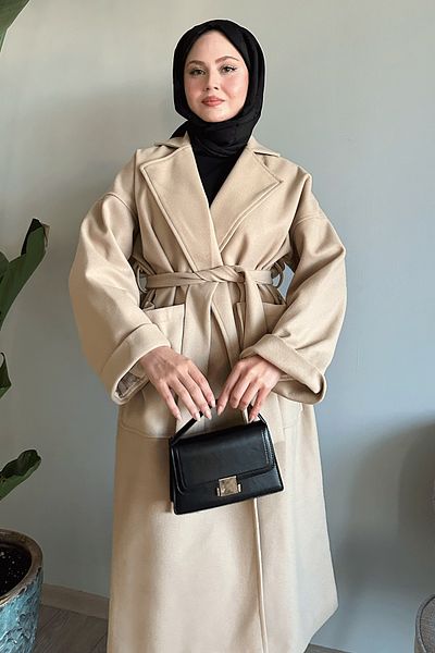 InStyle Double Breasted Wide Sleeve Beige Stamp Coat
