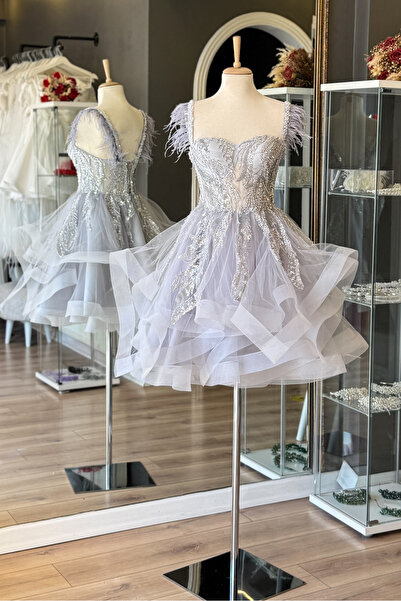 Lenta Moda Gri Dantel Kaplama Askıları Tüy Detaylı Gren Etekli Mini Gece ve P...