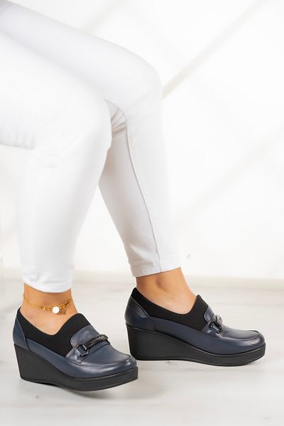 Erkan Saçmacı Catherine, albastru bleumarin, pantofi casual cu toc elastic din piele naturală