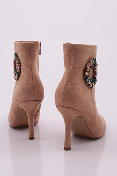 DGN Renkli Boncuklu Halka Tokalı Kadın Topuklu Bot Bej 6849535