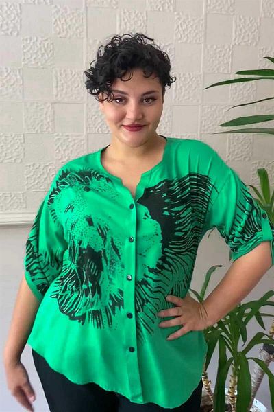 Zer Otantik Large Size Printed Stone Detail Shirt Blouse Green