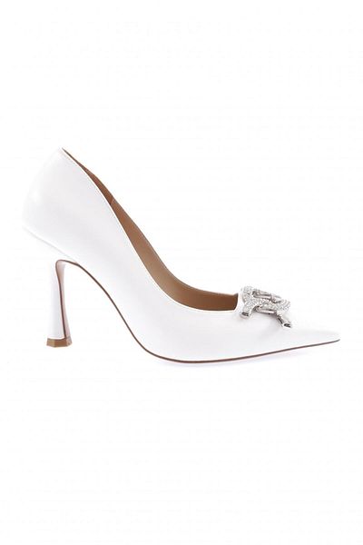DGN Pantofi cu toc pentru femei cu vârf ascuțit și accesorii din piatră metalică alb 1015103236