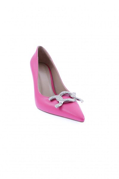 DGN Pantofi cu toc pentru femei cu vârf ascuțit și accesorii din piatră metalică fucsia 1015103236