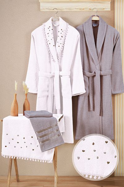 Miss Paris Home 10 Piece Pompom and Heart Family Bathrobe Set, 100% Cotton
