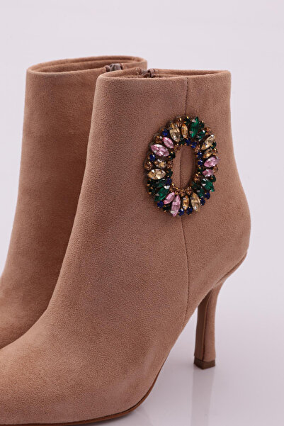 DGN Renkli Boncuklu Halka Tokalı Kadın Topuklu Bot Bej 6849535