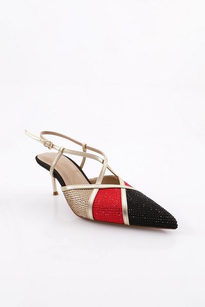 DGN Pantofi cu toc de piatră cu vârf ascuțit de damă din satin roșu 288121085