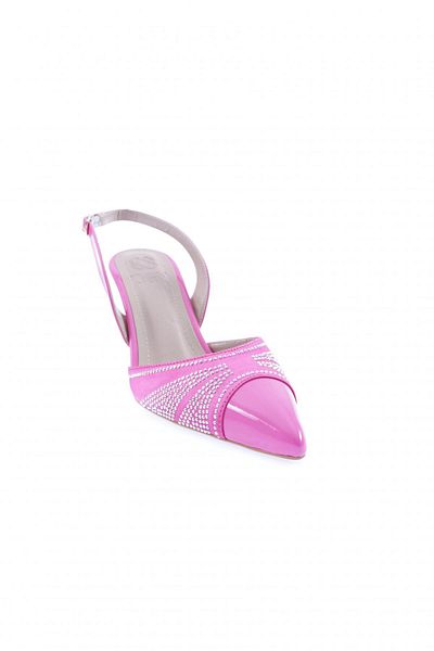 DGN Pantofi cu toc cu vârf ascuțit de piatră argintie pentru femei, piele lacuită fucsia 123286