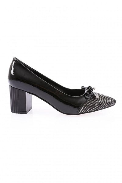 DGN Silver Stone Black Patent Leather Bow Heeled Shoes - 213162621