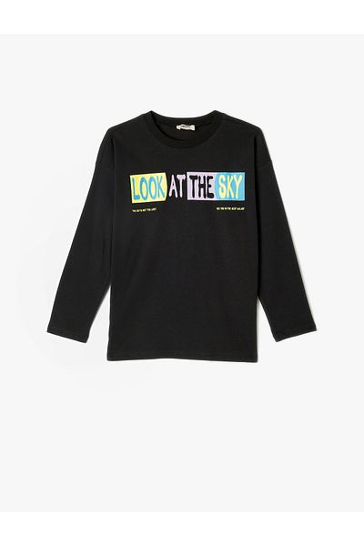 Koton Cotton Long Sleeve T-Shirt - Slogan Printed, Crew Neck