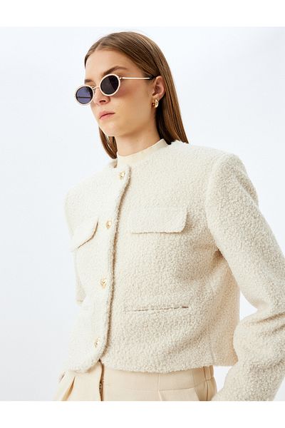 Koton Collarless Crop Tweed Blazer Jacket with Flap Pocket Detail