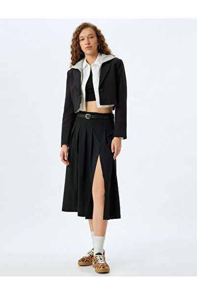 Koton Midi Pleated A-Line Skirt with Slit and Belt Detail