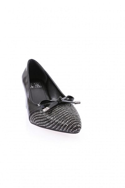DGN Silver Stone Black Patent Leather Bow Heeled Shoes - 213162621