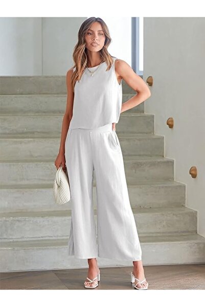 Barbora Keten Yazlık Yüksel Bel Capri Pantolon Sırt Detaylı Kolsuz Ikili Takım