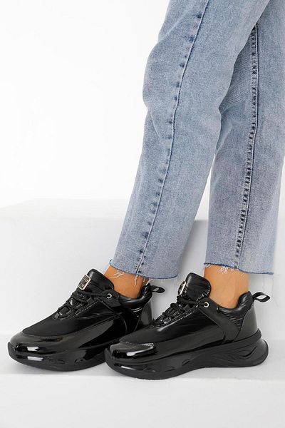 Beyond Black Patent Leather Sneaker - Buckle Detailed, Parachute Fabric, 4cm Byndk07
