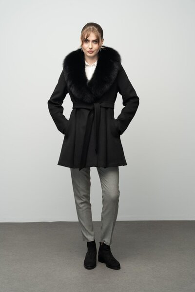 Olcay Sheepskin Flared Coat with Detachable Collar - Black 3008-Tk