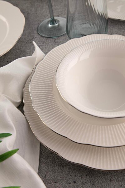 Kütahya Porselen Bone Ilay 26 Parça 6 Kişilik Yemek Takımı Platin Fileli
