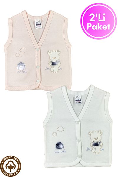 Miniel Baby Girl Mushroom Teddy Bear Embroidered Organic Cotton 3-6-9 Months 2-Piece Combed Cotton Baby Vest - Salmon