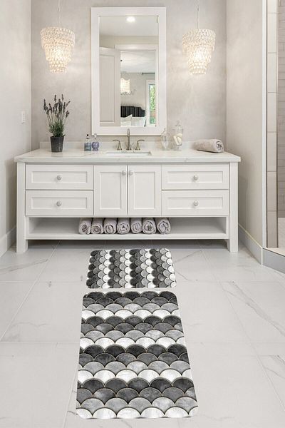 Pelangi Gray Geometric Bathroom Rug Double Toilet Seat with Non-Slip Base Bath Mat Set