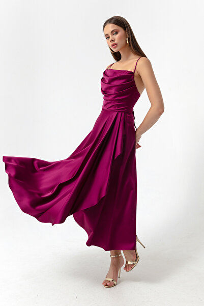 Lafaba Dámské večerní šaty s rozparkem Plum Flounce saténové midi délky a promoce