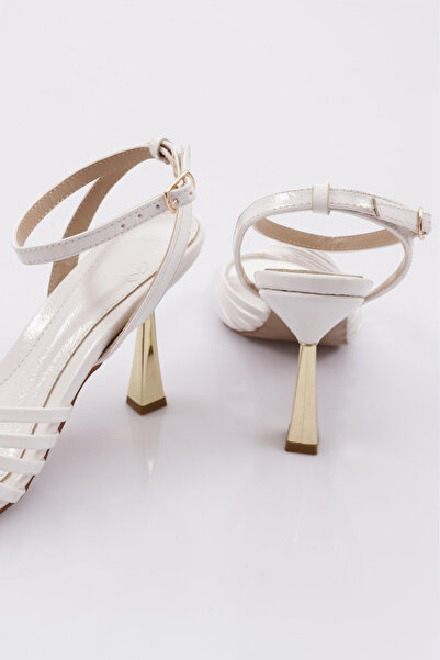 DGN Kadın Bilekten Bağlama Topuklu Ayakkabı Beyaz Kırışık Rugan 5262821