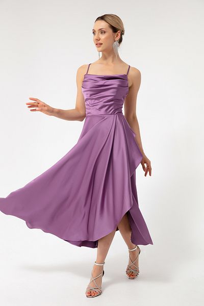 Lafaba Lavendelfarbenes Volant-Schlitz-Satin-Midi-Abendkleid und Abschlusskleid für Damen