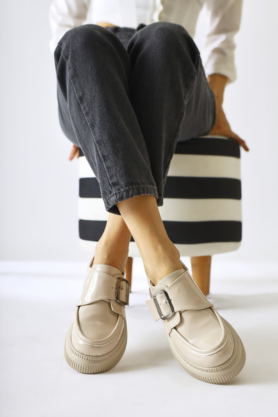 Limoya Evrim Skin Color, Beige Patent Leather Buckle Detailed Women's Casual Shoes Opportunity Product