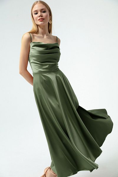Lafaba Women's Khaki Flounce Slit Satin Midi Length Evening & Graduation Dress