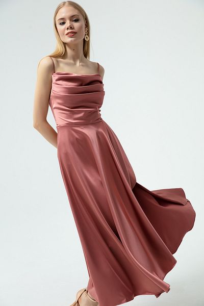 Lafaba Lachsfarbenes Volant-Schlitz-Satin-Midi-Abendkleid und Abschlusskleid für Damen