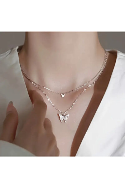 Tasarım قلادة فراشة أنيقة بطبقة مزدوجة للنساء - سبيكة، ملابس كاجوال