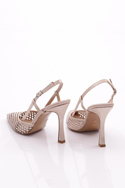 DGN Kadın Arkadan Bağlı Topuklu Abiye Ayakkabı Vizon Saten 7815535