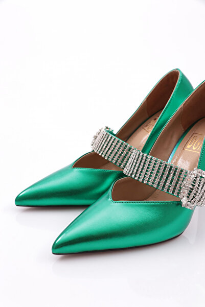 DGN Green Metallic Women's Evening Dress Heeled Shoes - Rhinestone Belt and Buckle Detail 2362112859
