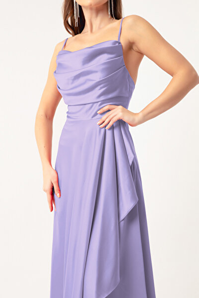 Lafaba Kadın Lila Volanlı Yırtmaçlı Saten Midi Boy Abiye & Mezuniyet Elbisesi