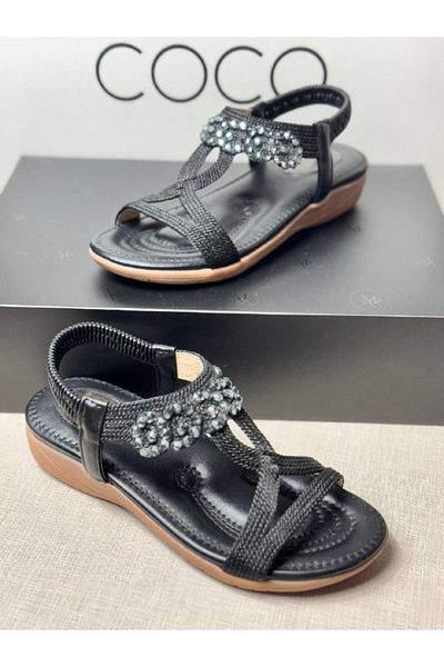 Michelle COCO Women's Sandals Black Leather Stone Detailed Massage Sole Feature