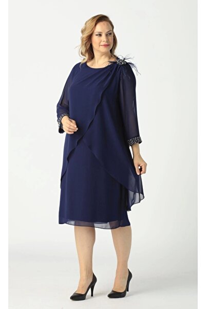 Moda Berray 21958 Lacivert Pelerinli Tüylü Işlemeli Büyük Beden Şifon Kısa Ab...