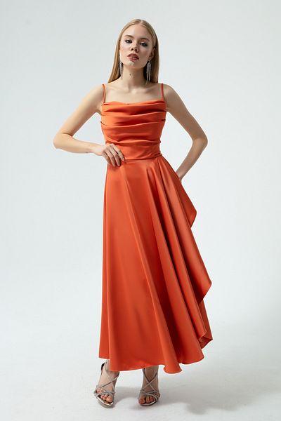 Lafaba Orangefarbenes Volant-Schlitz-Satin-Abend- und Abschlusskleid in Midi-Länge für Damen