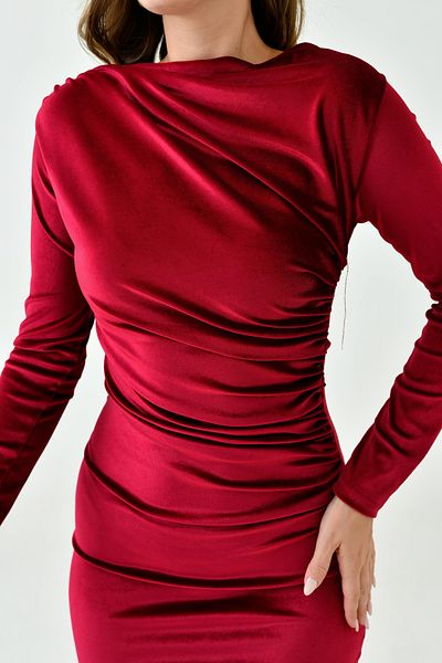 lovebox Shirring Detail Wide Collar Pencil Cut Midi Long Sleeve Stretchy Velvet Fabric Burgundy Evening Dress 3660