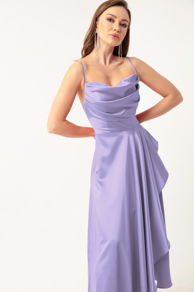 Lafaba Kadın Lila Volanlı Yırtmaçlı Saten Midi Boy Abiye & Mezuniyet Elbisesi