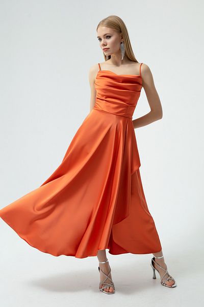 Lafaba Orangefarbenes Volant-Schlitz-Satin-Abend- und Abschlusskleid in Midi-Länge für Damen