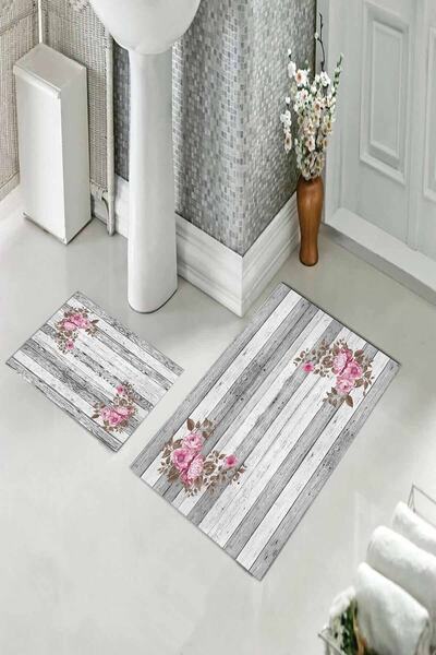 Pelangi Gri Efektli Güllü Banyo Halısı Ikili Klozet Takımı Kaymaz Tabanlı (60...