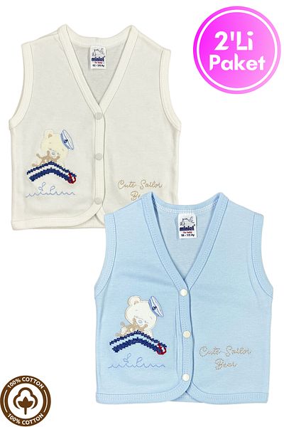 Miniel Baby Boy Captain Teddy Bear Embroidered Organic Cotton 3-6-9 Months 2-Piece Combed Cotton Baby Vest - Blue