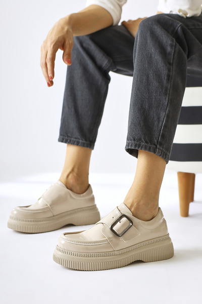 Limoya Evrim Skin Color, Beige Patent Leather Buckle Detailed Women's Casual Shoes Opportunity Product