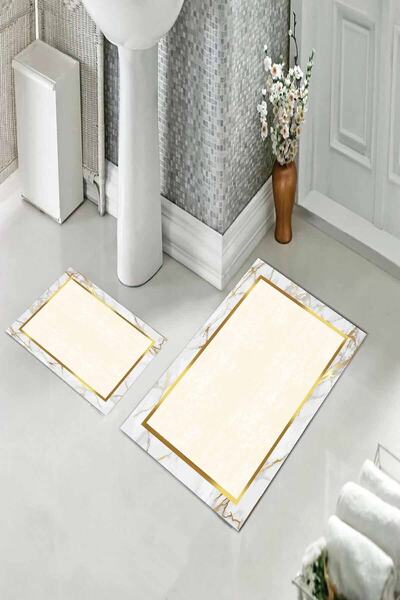 Pelangi White Gold Marble - Double Toilet and Bathroom Rug Set with Non-Slip Base (60Cmx100Cm+40Cmx60Cm)