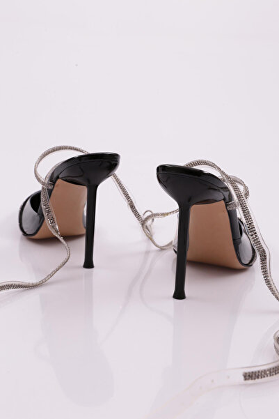 DGN Чорні шкіряні жіночі капці на підборах з обробкою з каменю 110983327