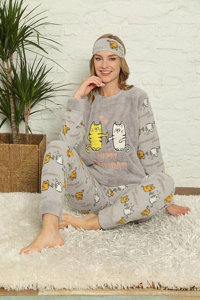 sharin Women's Patterned Gray Fleece Pajama Set 14f-20022