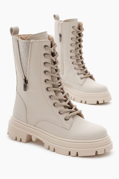 Tonny Black Beigefarbene Damenstiefel mit Thermosohle, Schnürung und Reißverschluss