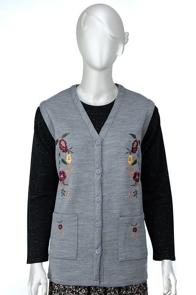 Oppland Women's V-Neck Rose Garden Embroidered Double Pocket Buttoned Full Fit Lycra Steel Knitted Mother Vest