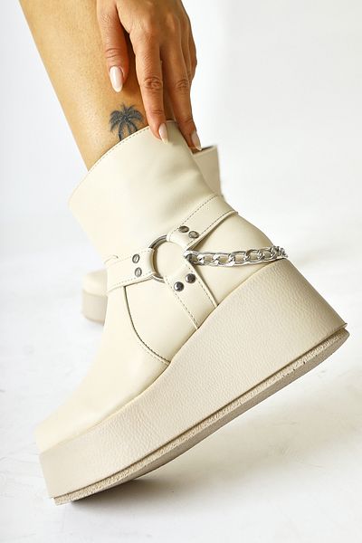 Limoya Mashal Beige Chain Λεπτομερείς γυναικείες μπότες με ψηλή σόλα, γυναικεία μποτάκια