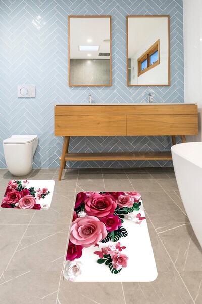 Pelangi Pembe Güllü Banyo Halısı Ikili Klozet Takımı Kaymaz Tabanlı Banyo Pas...