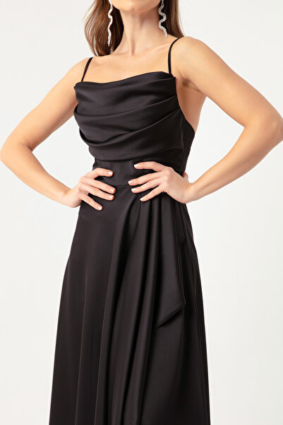 Lafaba Schwarzes Abendkleid und Abschlusskleid aus Satin in Midi-Länge mit Volant und Schlitz für Damen